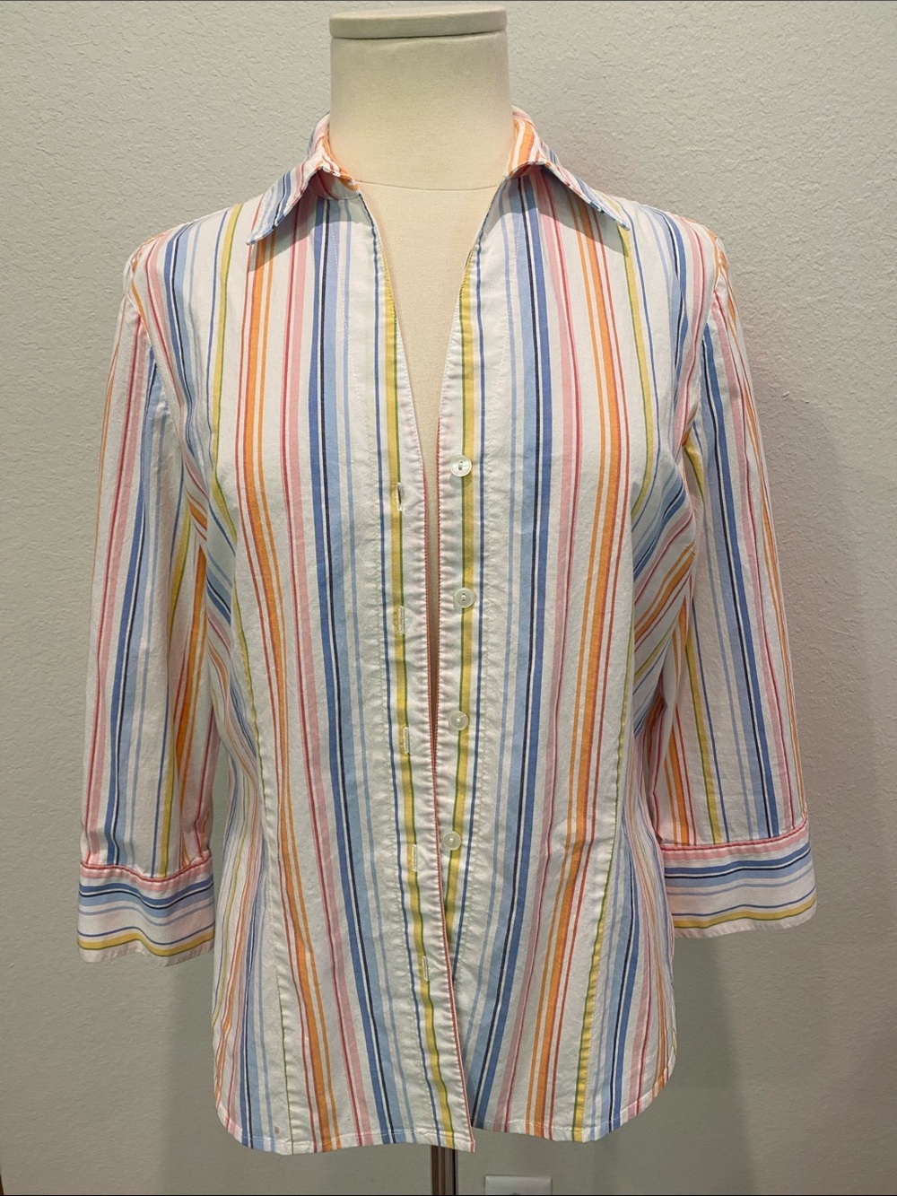 Talbots Multicolor Striped Button Down 3/4 Sleeve Shirt Large